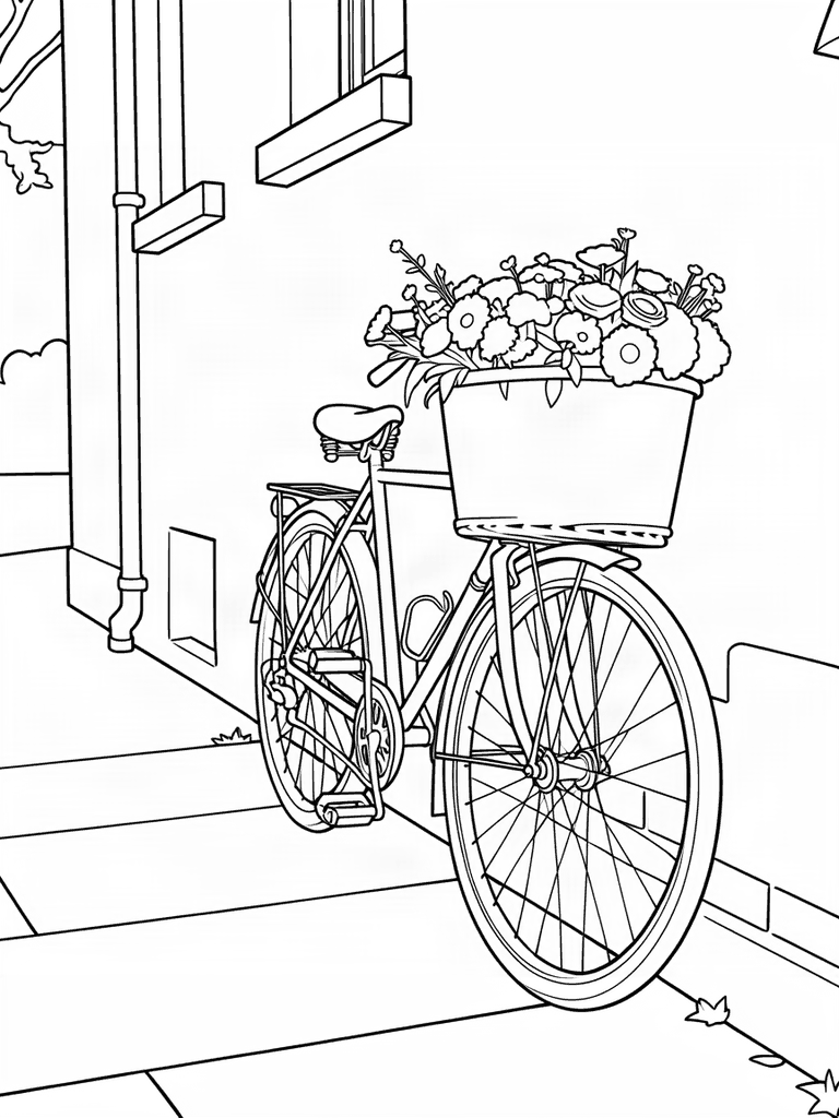 Coloring page of a bicycle with a flower basket made from a photo