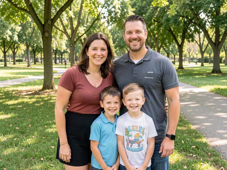 Mother, father and two boys smiling in a park
