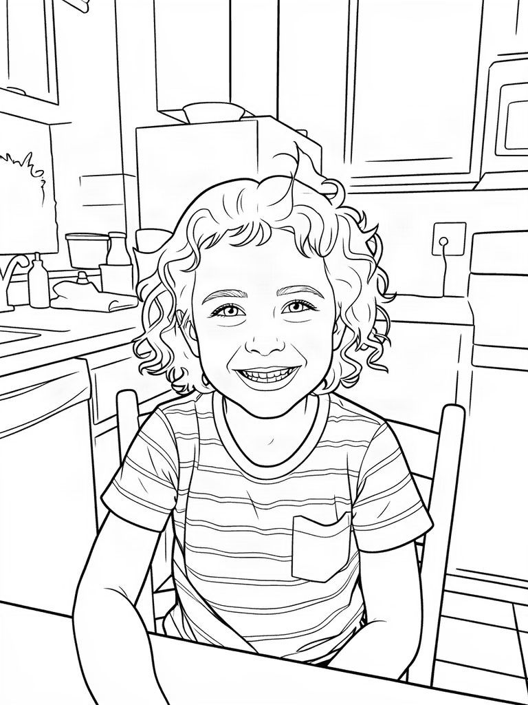 Coloring page of a smiling girl with curly hair made from a photo