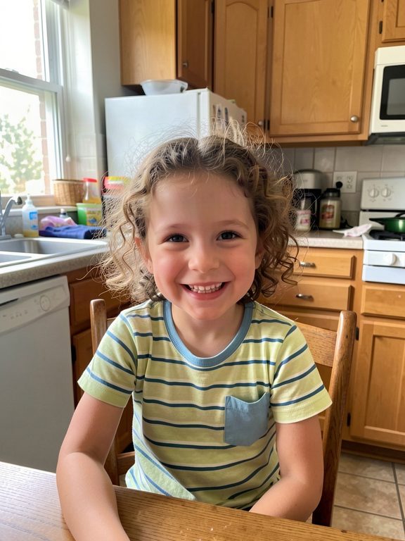 Smiling girl with curly hair sitting at a kitchen table