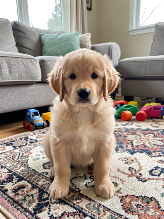 Golden retriever puppy sitting on a patterned rug